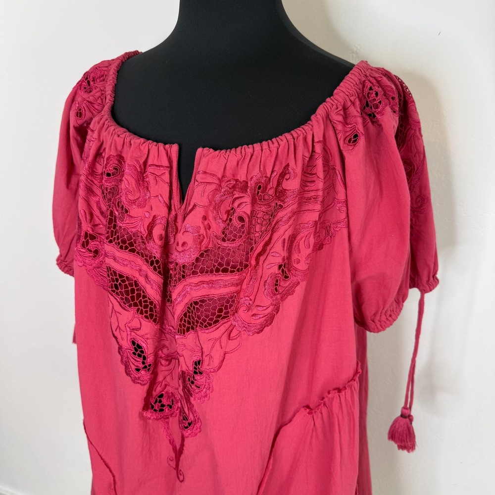 Free People Sunbeat Off-the-Shoulder Embroidered Tunic Mini Dress Pink M NWT - Picture 4 of 16